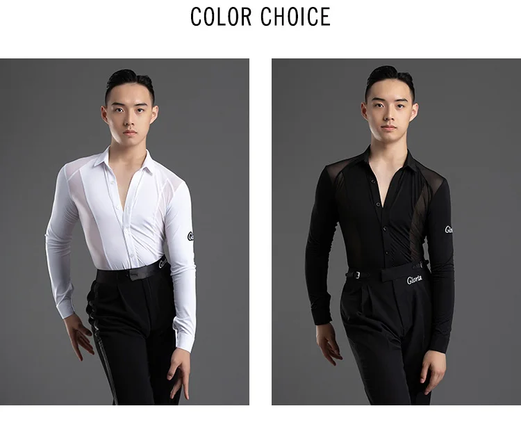 2026 New Long Sleeves Latin Dance T-shirt Boy's Practice Top Wear Men's Deep V Neckline Seethrough Design Charles Shirt