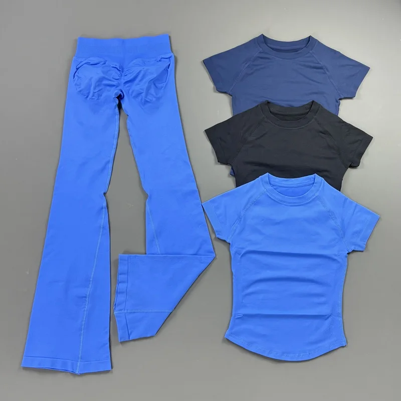 2Pcs Workout Flare Leggings Set Bodycon Short Sleeve Top Seamless Yoga Flared Pants Set Quick Dry Gym Workout Sports Tops Suit