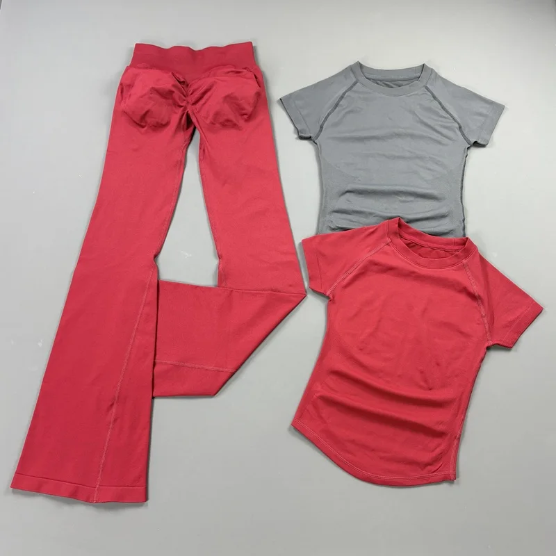 2Pcs Workout Flare Leggings Set Bodycon Short Sleeve Top Seamless Yoga Flared Pants Set Quick Dry Gym Workout Sports Tops Suit