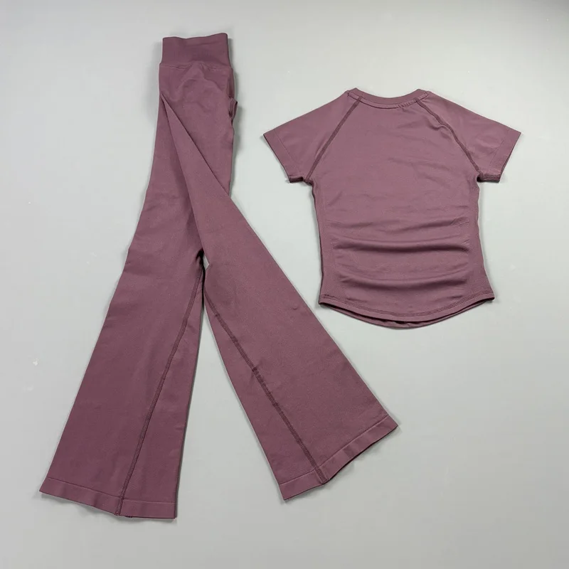 2Pcs Workout Flare Leggings Set Bodycon Short Sleeve Top Seamless Yoga Flared Pants Set Quick Dry Gym Workout Sports Tops Suit