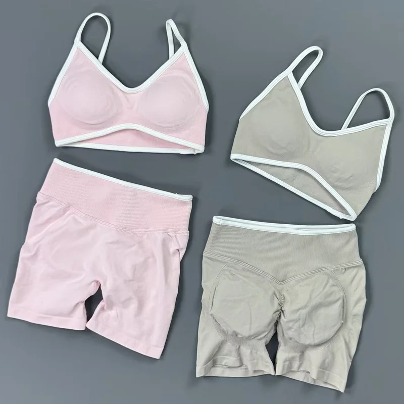 2 Piece Yoga Set Women Contrast Trim V Neck Thin Strap Sports Bra High Waist Cuff Binding Leggings Soft Stretch Gym Workout Suit