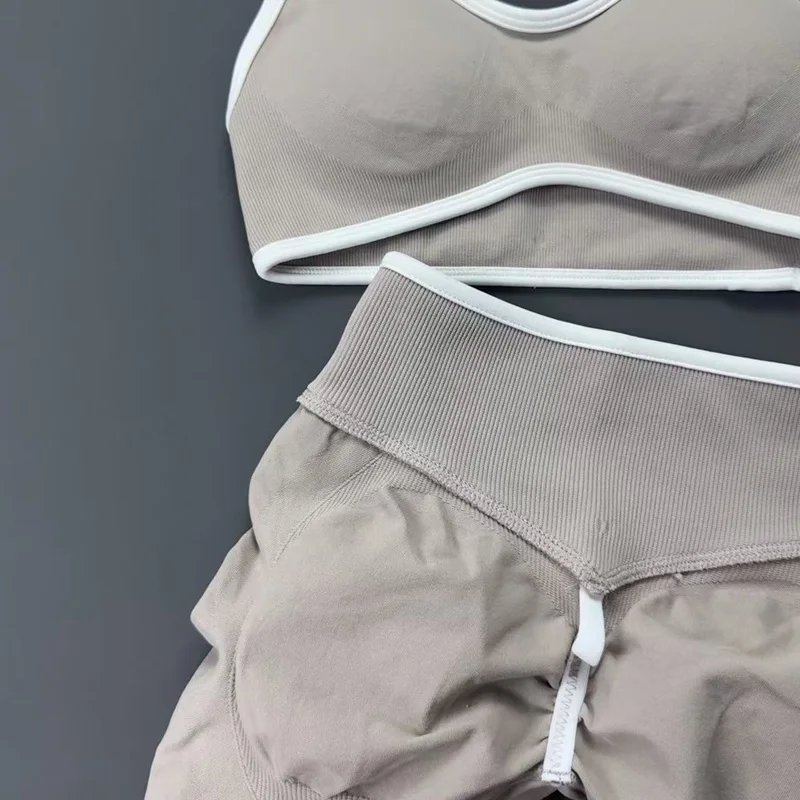 2 Piece Yoga Set Women Contrast Trim V Neck Thin Strap Sports Bra High Waist Cuff Binding Leggings Soft Stretch Gym Workout Suit