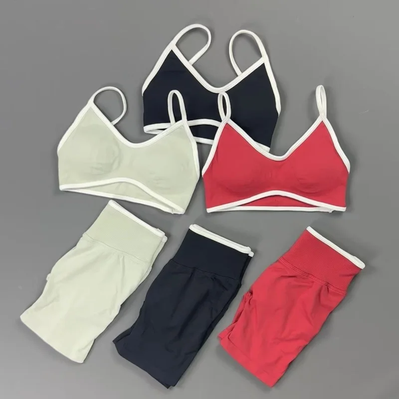 2 Piece Yoga Set Women Contrast Trim V Neck Thin Strap Sports Bra High Waist Cuff Binding Leggings Soft Stretch Gym Workout Suit