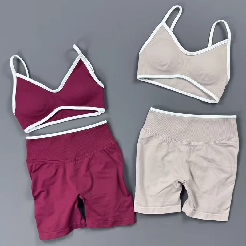 2 Piece Yoga Set Women Contrast Trim V Neck Thin Strap Sports Bra High Waist Cuff Binding Leggings Soft Stretch Gym Workout Suit