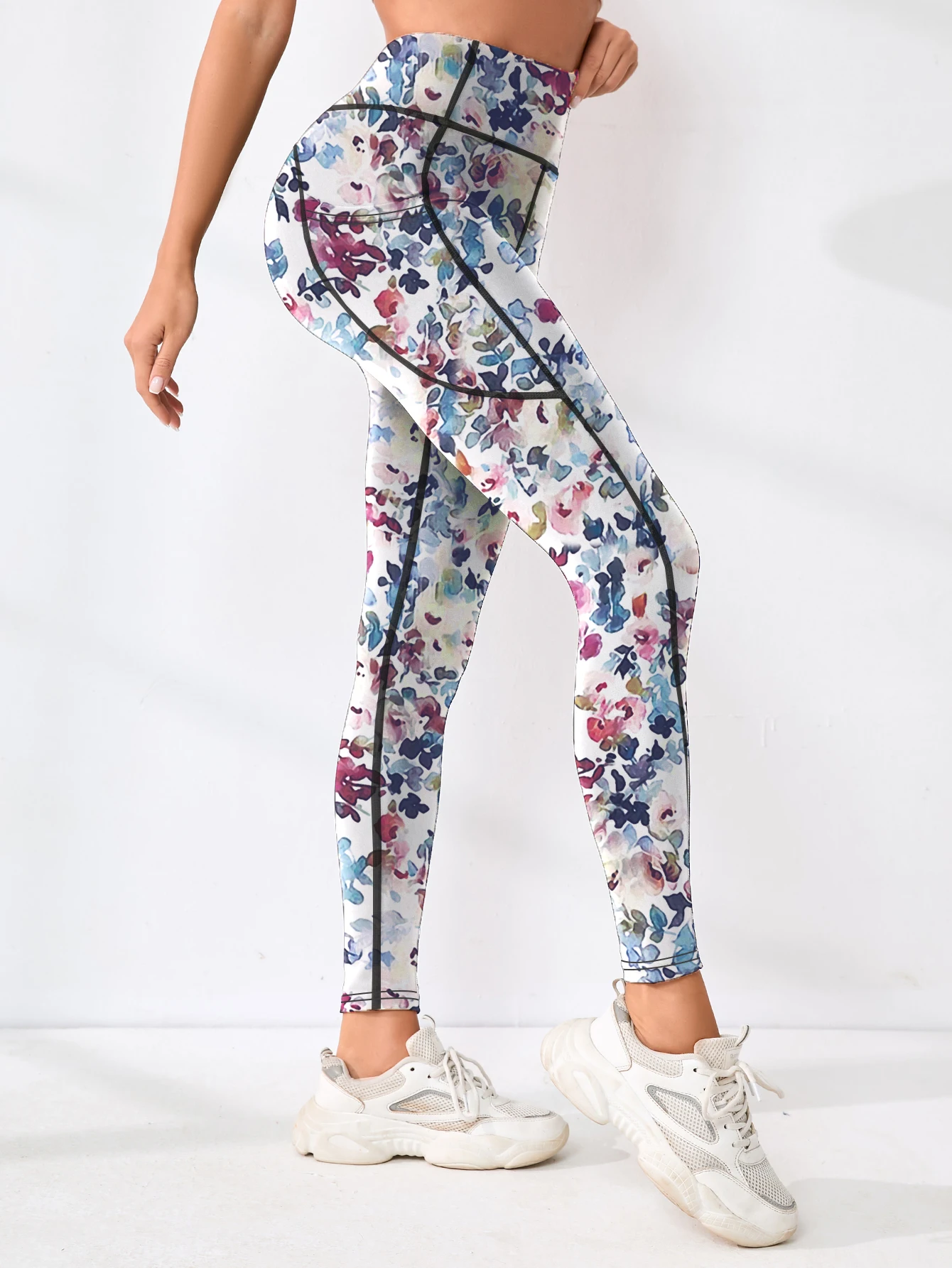 Printed women's high waistband pocket fitness pants paired with tight abdominal yoga pants, suitable for running, hiking, and sp
