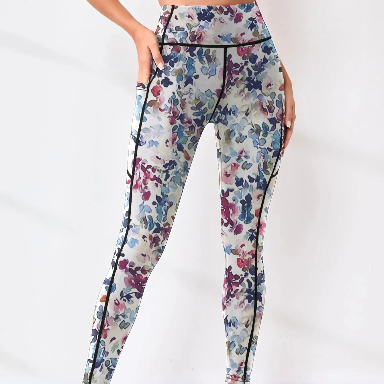 Printed women's high waistband pocket fitness pants paired with tight abdominal yoga pants, suitable for running, hiking, and sp