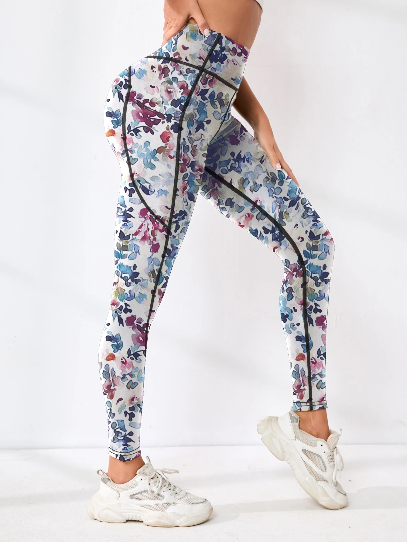 Printed women's high waistband pocket fitness pants paired with tight abdominal yoga pants, suitable for running, hiking, and sp