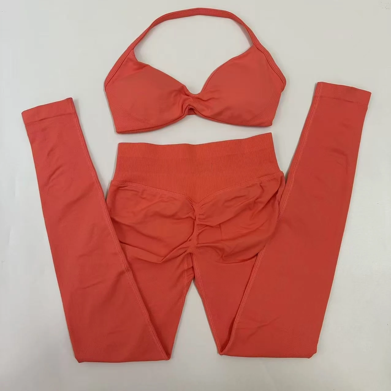 Seamlessyoga Set Women Workout Scrunch Leggings Set Strappy Halter Sports Bra Fitness Gym Clothing Workout Set 2 Pieces