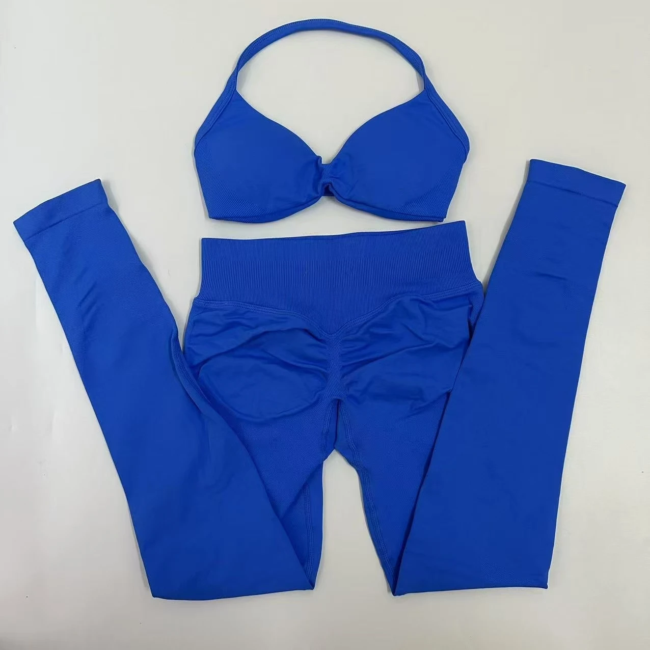 Seamlessyoga Set Women Workout Scrunch Leggings Set Strappy Halter Sports Bra Fitness Gym Clothing Workout Set 2 Pieces