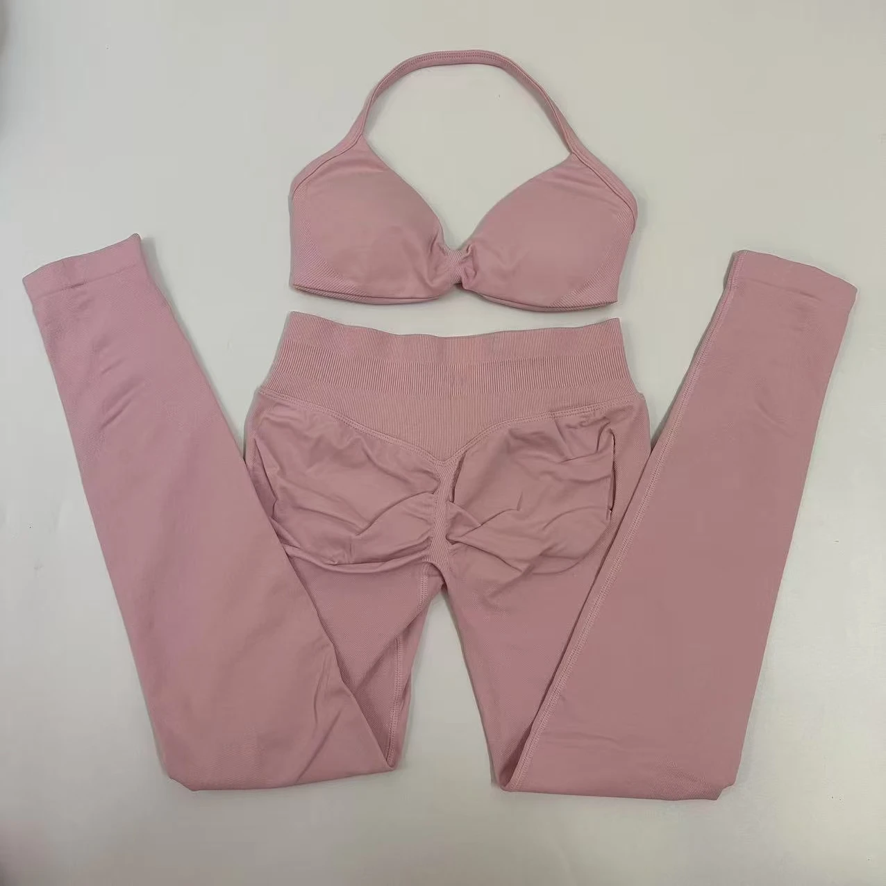 Seamlessyoga Set Women Workout Scrunch Leggings Set Strappy Halter Sports Bra Fitness Gym Clothing Workout Set 2 Pieces