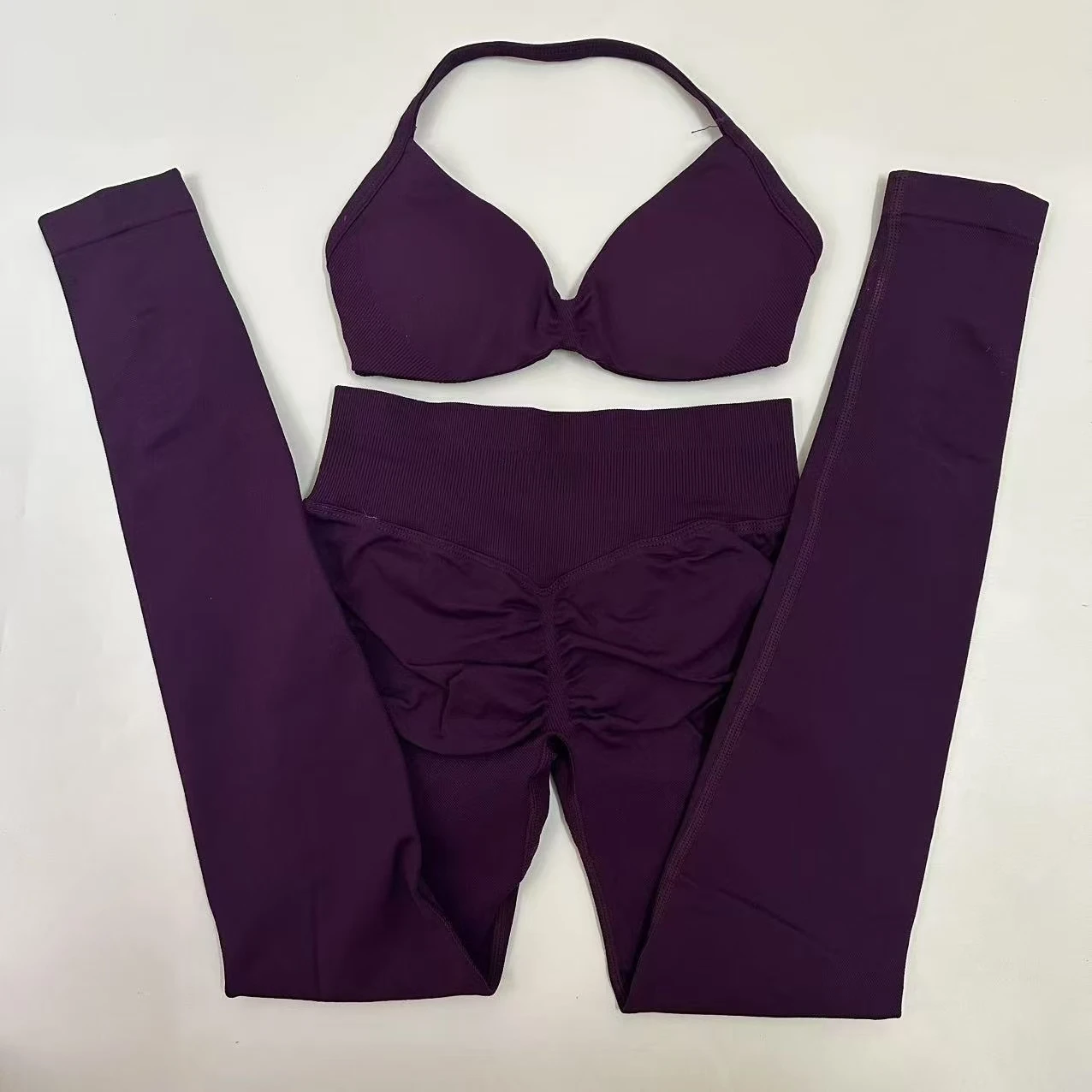 Seamlessyoga Set Women Workout Scrunch Leggings Set Strappy Halter Sports Bra Fitness Gym Clothing Workout Set 2 Pieces
