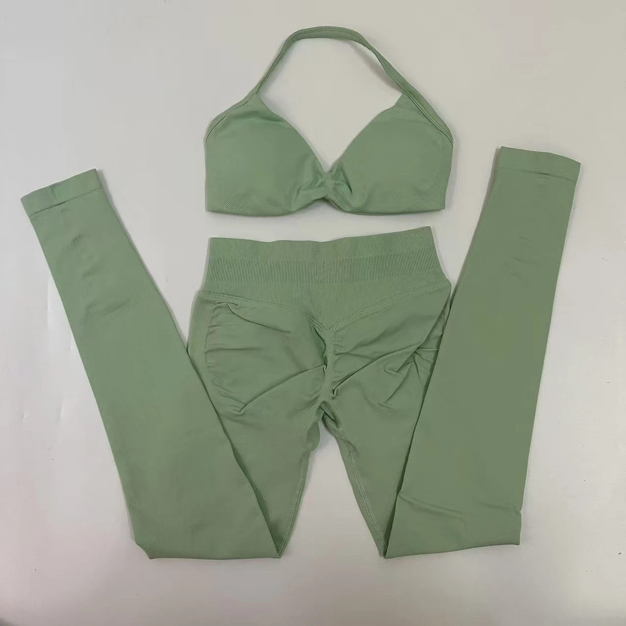 Seamlessyoga Set Women Workout Scrunch Leggings Set Strappy Halter Sports Bra Fitness Gym Clothing Workout Set 2 Pieces