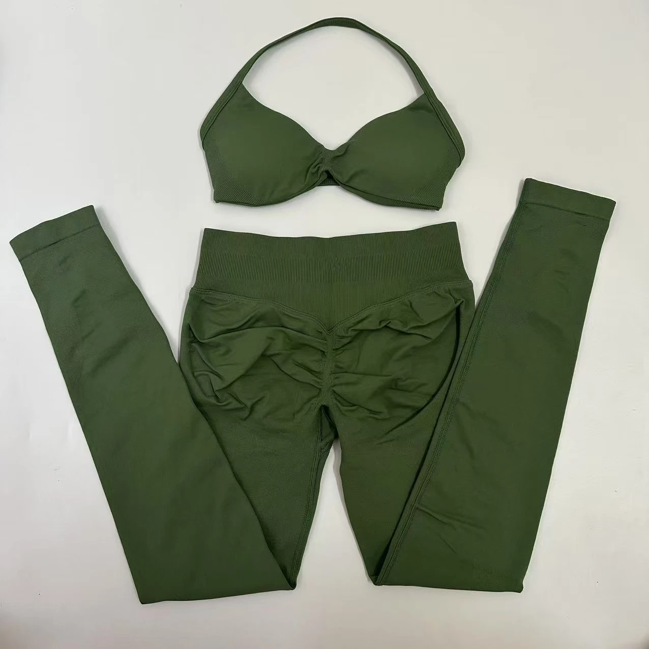 Seamlessyoga Set Women Workout Scrunch Leggings Set Strappy Halter Sports Bra Fitness Gym Clothing Workout Set 2 Pieces