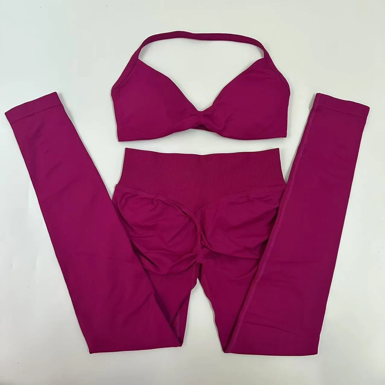 Seamlessyoga Set Women Workout Scrunch Leggings Set Strappy Halter Sports Bra Fitness Gym Clothing Workout Set 2 Pieces