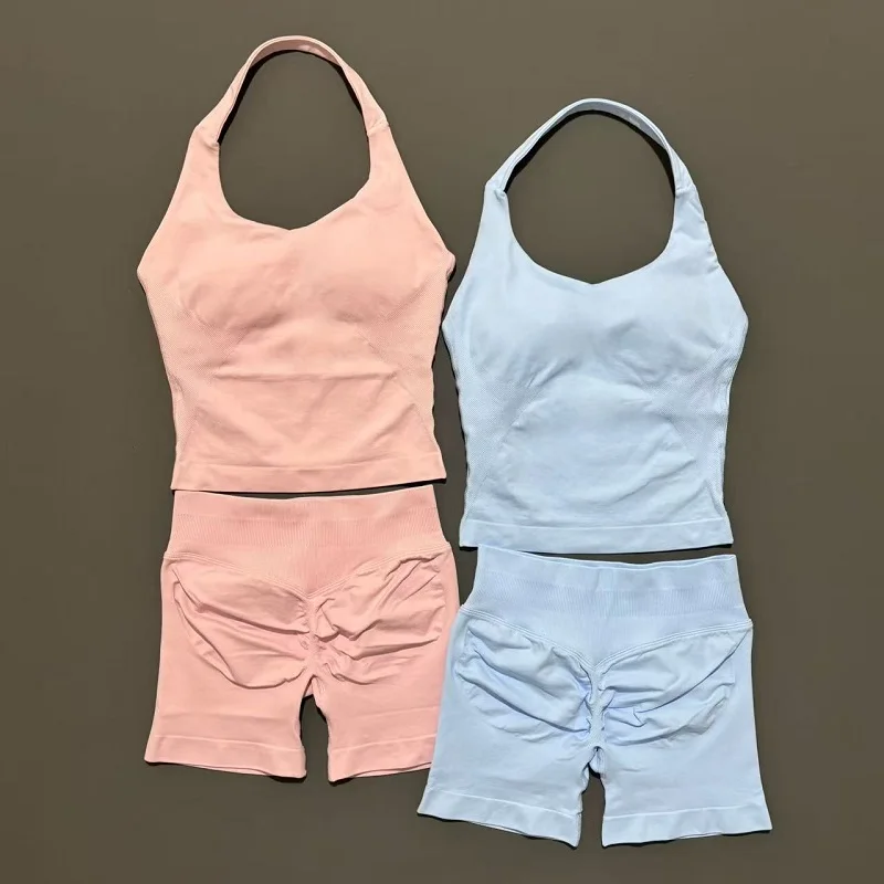 2 Pieces Shorts Yoga Set Women Backless Halter Tops High Waist Seamless Shorts Gym Suit Fitness Sportswear Workout Sets