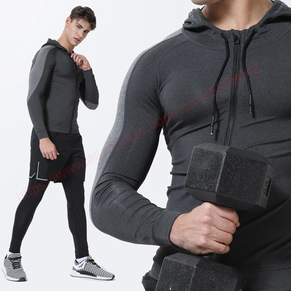 Men Running Sports Jackets Gym Training Zipper Slim Hiking Sweatshirts Comfortable Elastic Quick Dry Fitness Long Sleeve Hooded