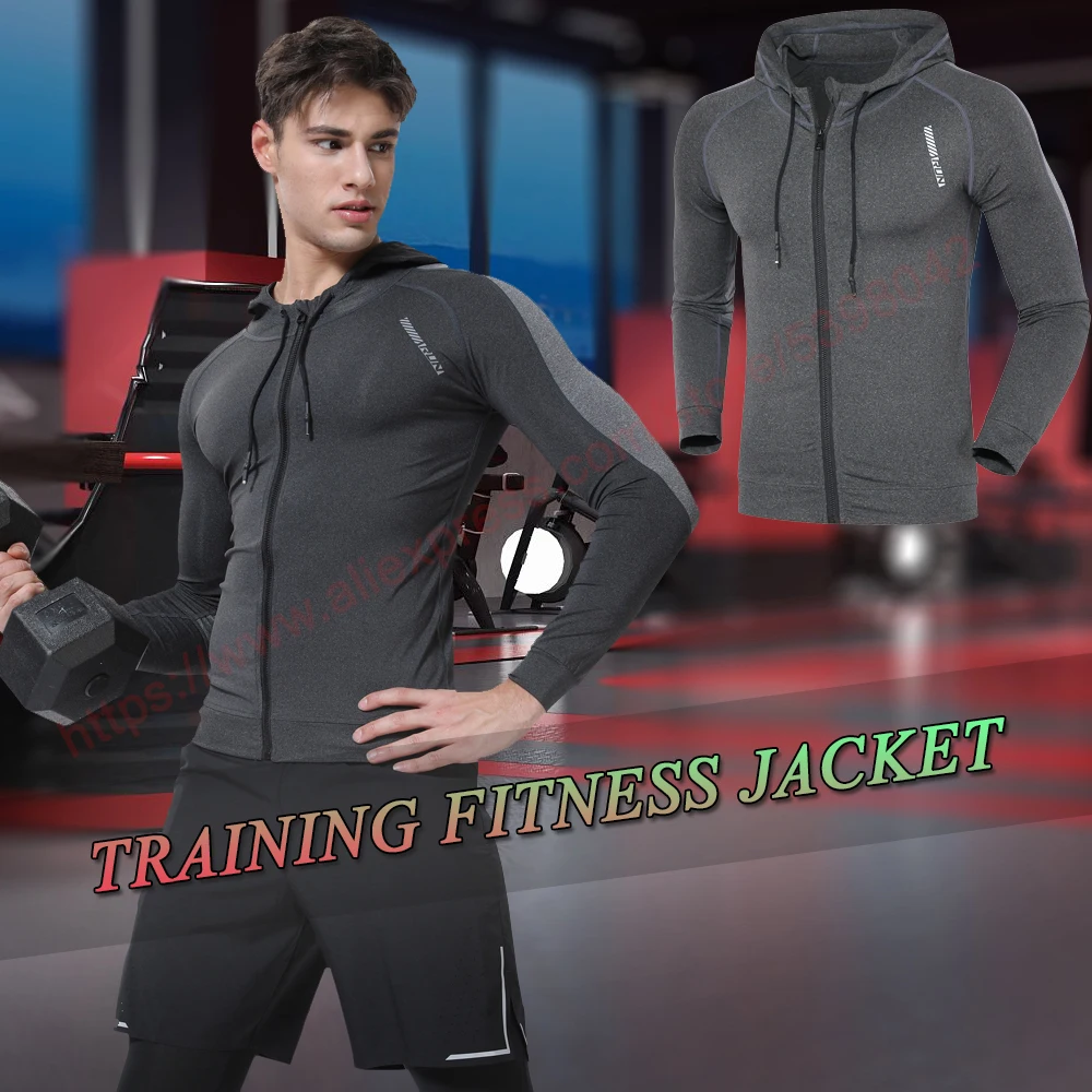 Men Running Sports Jackets Gym Training Zipper Slim Hiking Sweatshirts Comfortable Elastic Quick Dry Fitness Long Sleeve Hooded