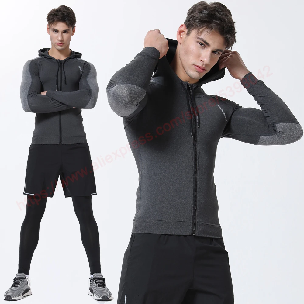 Men Running Sports Jackets Gym Training Zipper Slim Hiking Sweatshirts Comfortable Elastic Quick Dry Fitness Long Sleeve Hooded