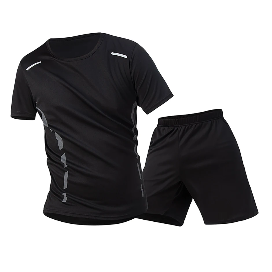 2-Piece Men's Summer Quick Drying Sports Suit Loose And Breathable Short Sleeved T-shirt Running And Fitness Black Pocket Shorts