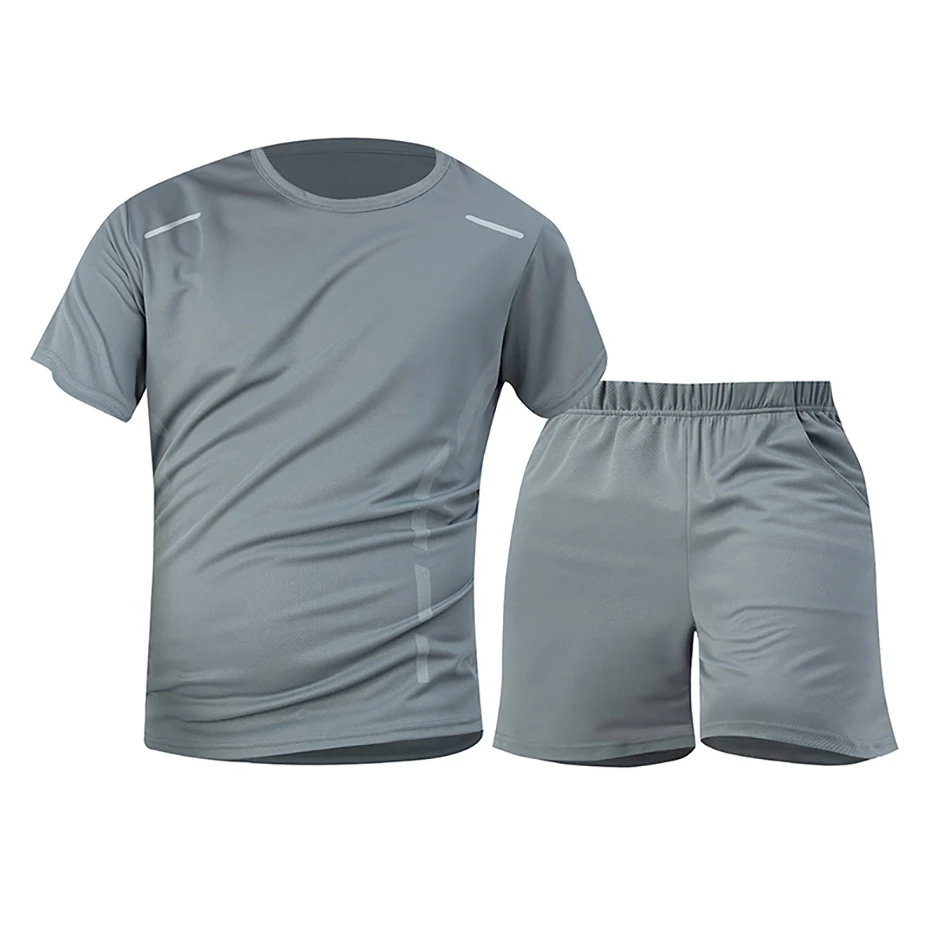 2-Piece Men's Summer Quick Drying Sports Suit Loose And Breathable Short Sleeved T-shirt Running And Fitness Black Pocket Shorts