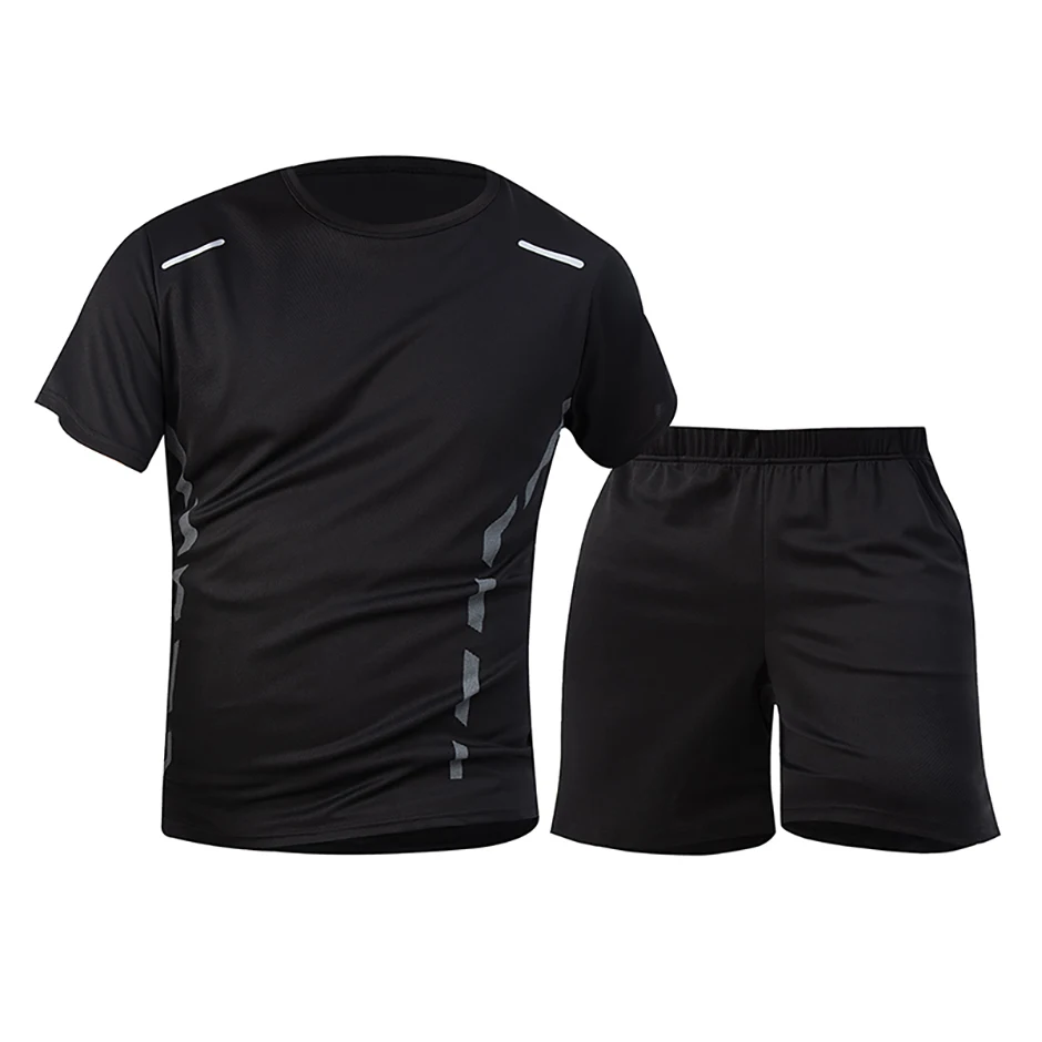 2-Piece Men's Summer Quick Drying Sports Suit Loose And Breathable Short Sleeved T-shirt Running And Fitness Black Pocket Shorts