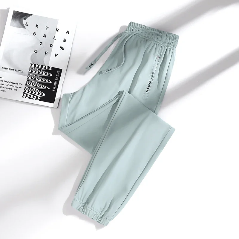 New High Quality Ice Silk Men's Women's Pants Summer Thin Loose Quick Drying Breathable Sports Straight Leg Tie Casual Pants