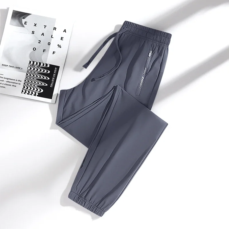 New High Quality Ice Silk Men's Women's Pants Summer Thin Loose Quick Drying Breathable Sports Straight Leg Tie Casual Pants