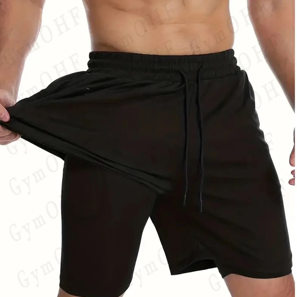 Anime Gym 2 in 1 Shorts For Men Sports Fitness Print Short Lining Phone Pocket Shorts Workout Running Mesh Sport Short Pants