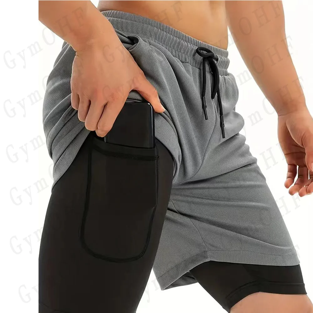 Anime Gym 2 in 1 Shorts For Men Sports Fitness Print Short Lining Phone Pocket Shorts Workout Running Mesh Sport Short Pants