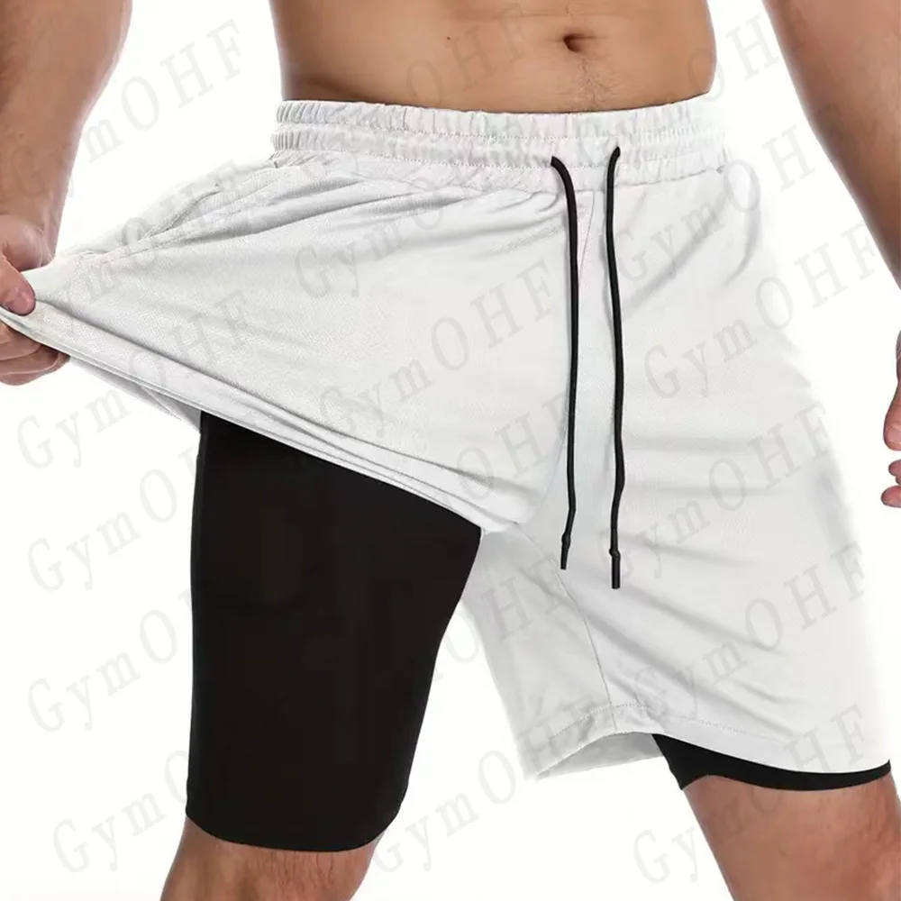 Anime Gym 2 in 1 Shorts For Men Sports Fitness Print Short Lining Phone Pocket Shorts Workout Running Mesh Sport Short Pants
