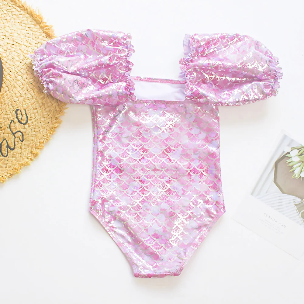 Gradient Kids Girls Swimsuit Swimwear Puff Sleeve Child Swimming Suit Cute Teen One Piece Swimwear Mermaid Children Bathing Suit