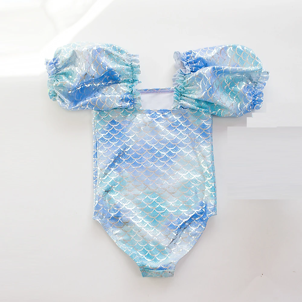 Gradient Kids Girls Swimsuit Swimwear Puff Sleeve Child Swimming Suit Cute Teen One Piece Swimwear Mermaid Children Bathing Suit