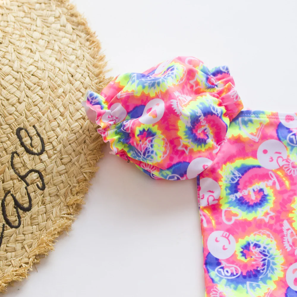 Gradient Kids Girls Swimsuit Swimwear Puff Sleeve Child Swimming Suit Cute Teen One Piece Swimwear Mermaid Children Bathing Suit