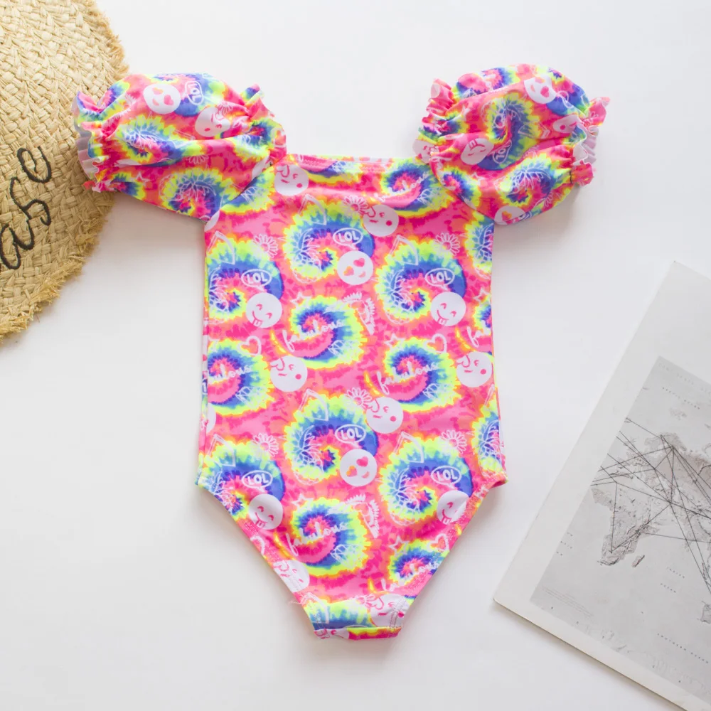 Gradient Kids Girls Swimsuit Swimwear Puff Sleeve Child Swimming Suit Cute Teen One Piece Swimwear Mermaid Children Bathing Suit