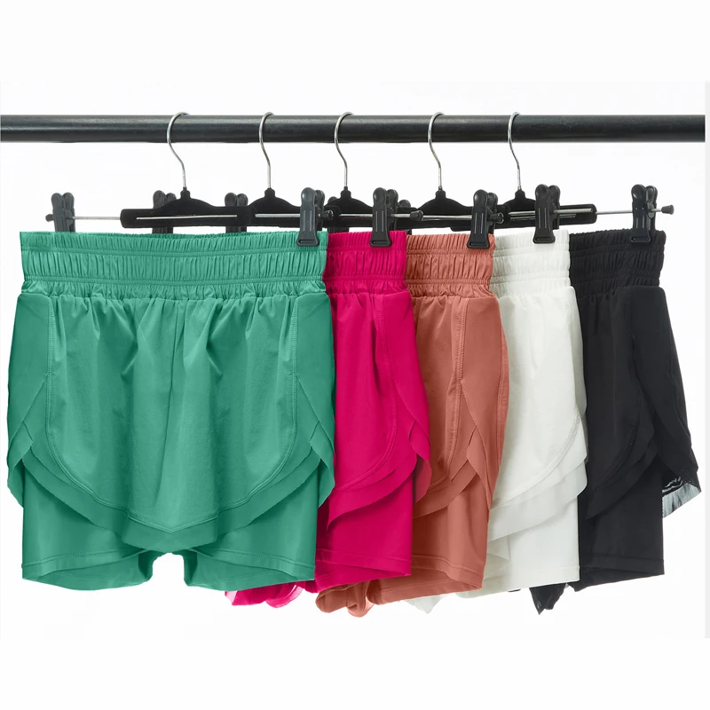 Women Summer Running Shorts Solid Color 2 In 1 Gym Yoga Short Breathable Quick Dry Short Sportswear Female Workout Clothes
