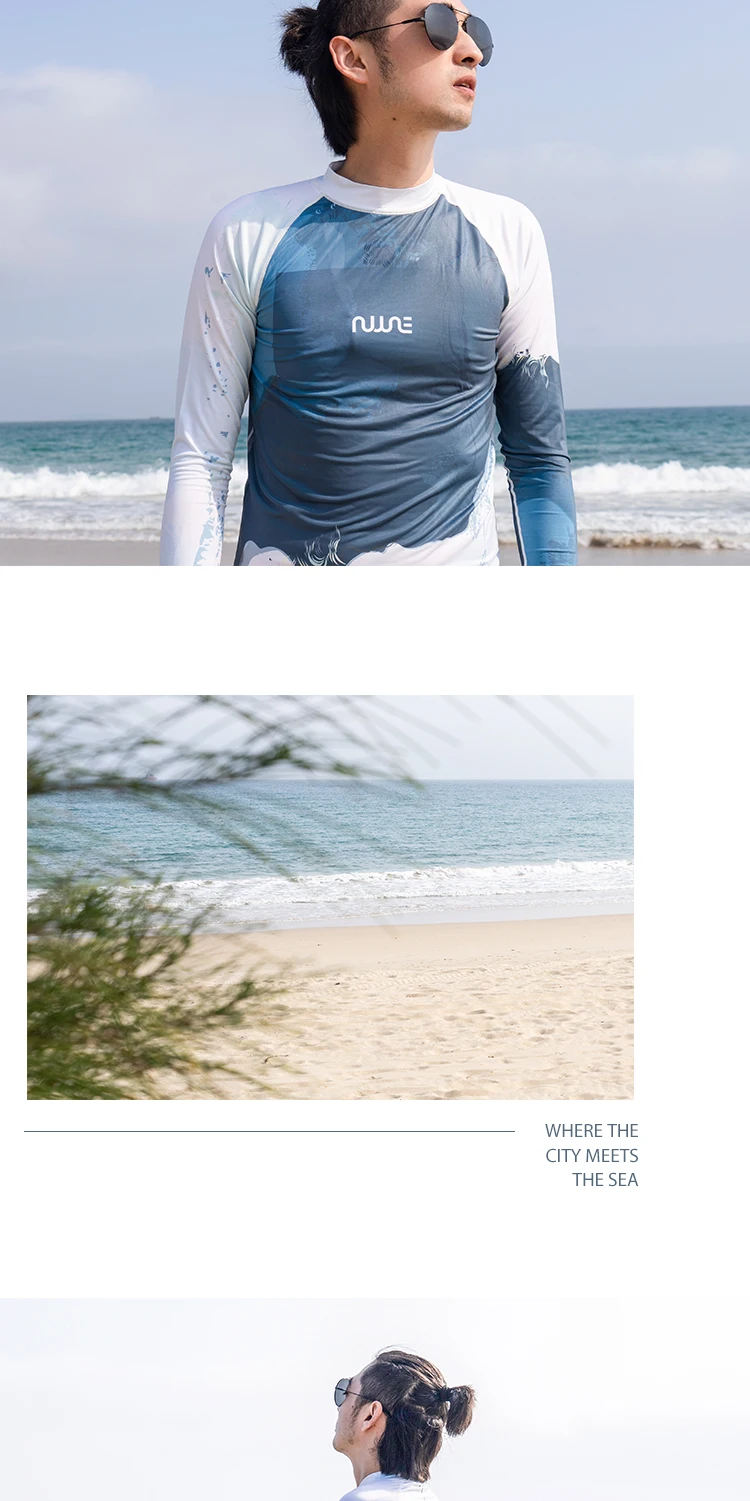 Nu-June Surfing Rash Guard Men Swimwear Long Sleeve Swimsuit Mens Rashguard Two-Pieces Surf Shirt For Swimming UPF50 Protect