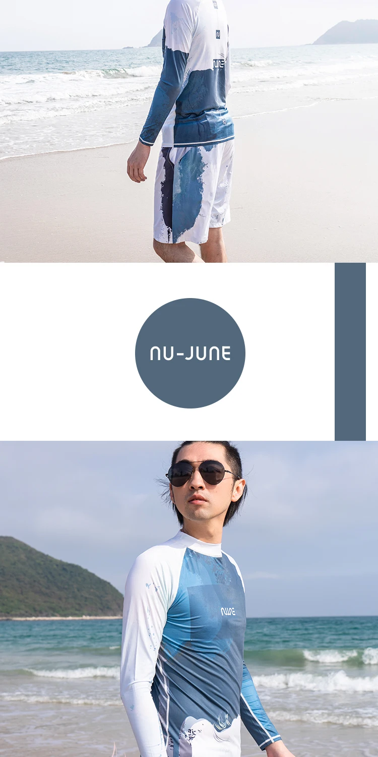 Nu-June Surfing Rash Guard Men Swimwear Long Sleeve Swimsuit Mens Rashguard Two-Pieces Surf Shirt For Swimming UPF50 Protect