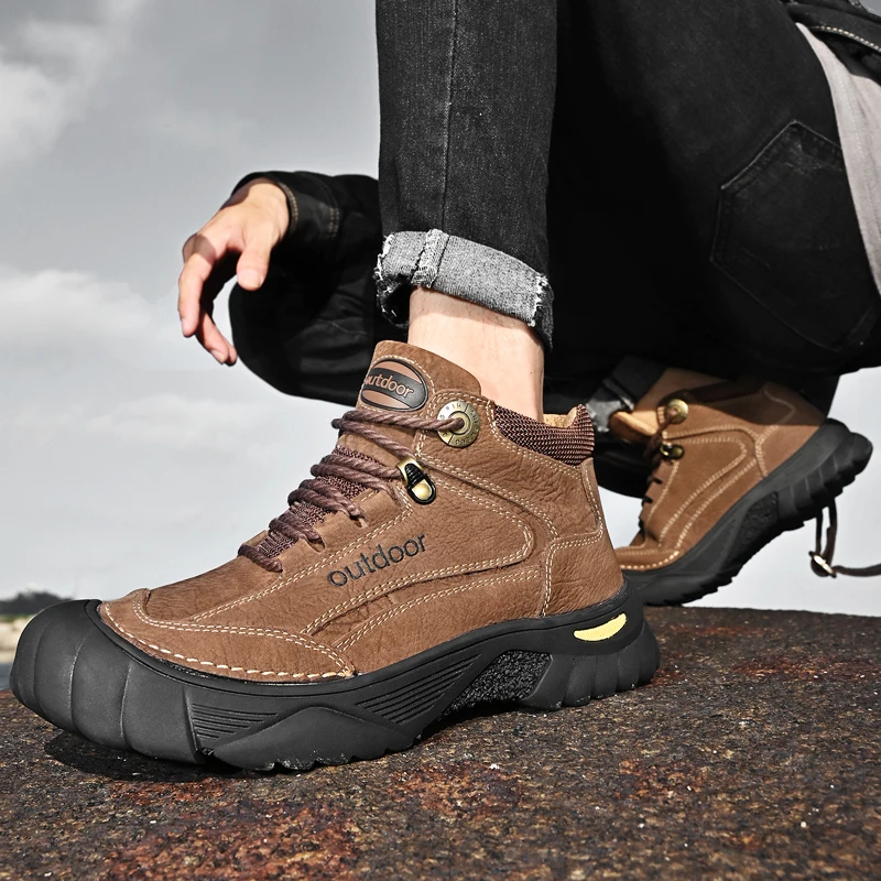 HIKEUP Men's Outdoor Hiking Shoes Cow Leather Winte Boot Waterproof Non-Slip Trekking Sneakers Durable Sports Protecting the toe