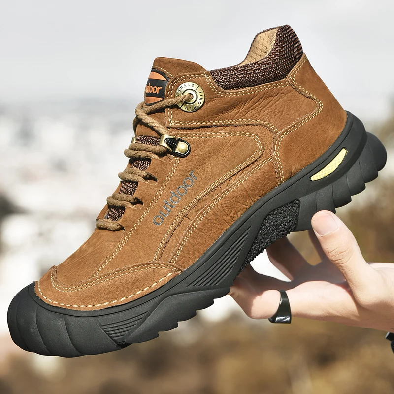 HIKEUP Men's Outdoor Hiking Shoes Cow Leather Winte Boot Waterproof Non-Slip Trekking Sneakers Durable Sports Protecting the toe