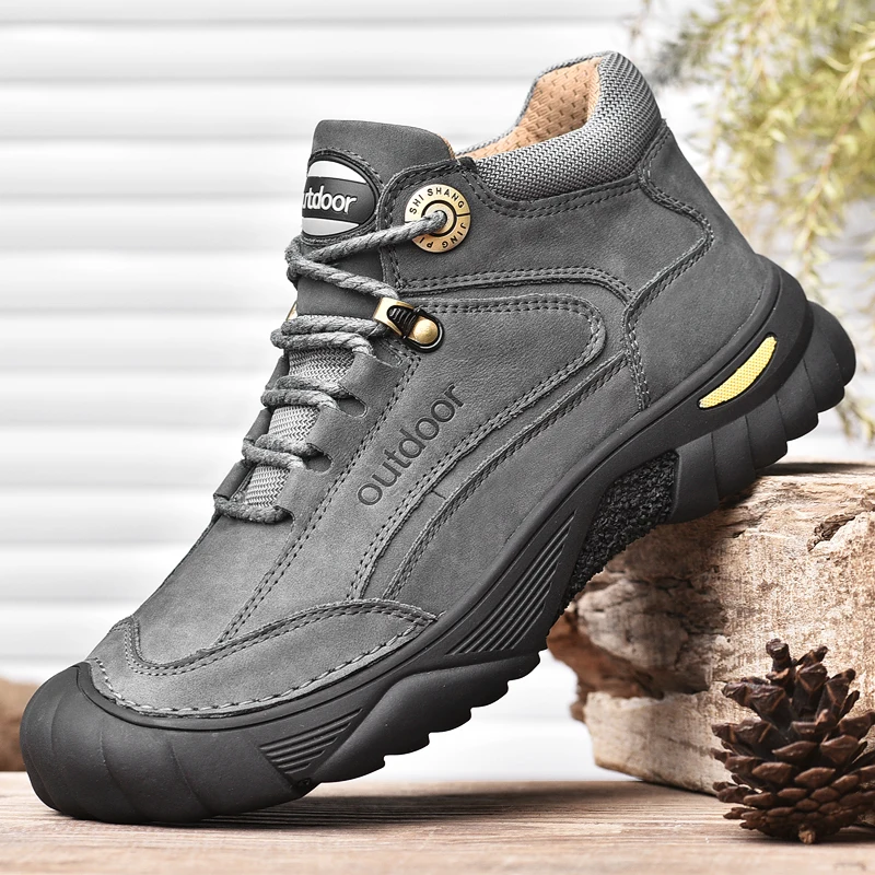 HIKEUP Men's Outdoor Hiking Shoes Cow Leather Winte Boot Waterproof Non-Slip Trekking Sneakers Durable Sports Protecting the toe