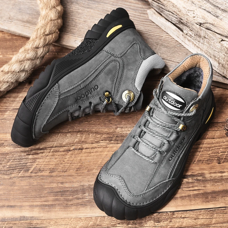 HIKEUP Men's Outdoor Hiking Shoes Cow Leather Winte Boot Waterproof Non-Slip Trekking Sneakers Durable Sports Protecting the toe