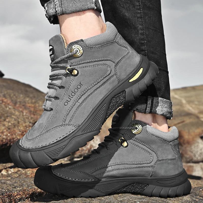 HIKEUP Men's Outdoor Hiking Shoes Cow Leather Winte Boot Waterproof Non-Slip Trekking Sneakers Durable Sports Protecting the toe