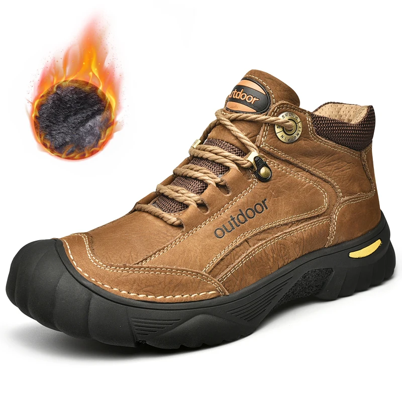 HIKEUP Men's Outdoor Hiking Shoes Cow Leather Winte Boot Waterproof Non-Slip Trekking Sneakers Durable Sports Protecting the toe