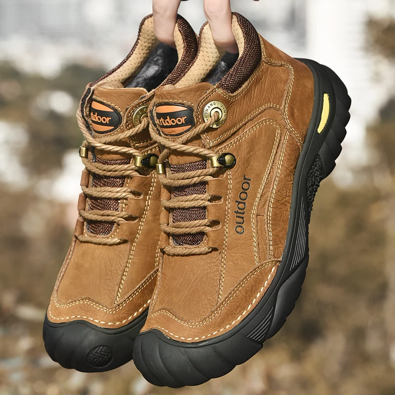 HIKEUP Men's Outdoor Hiking Shoes Cow Leather Winte Boot Waterproof Non-Slip Trekking Sneakers Durable Sports Protecting the toe