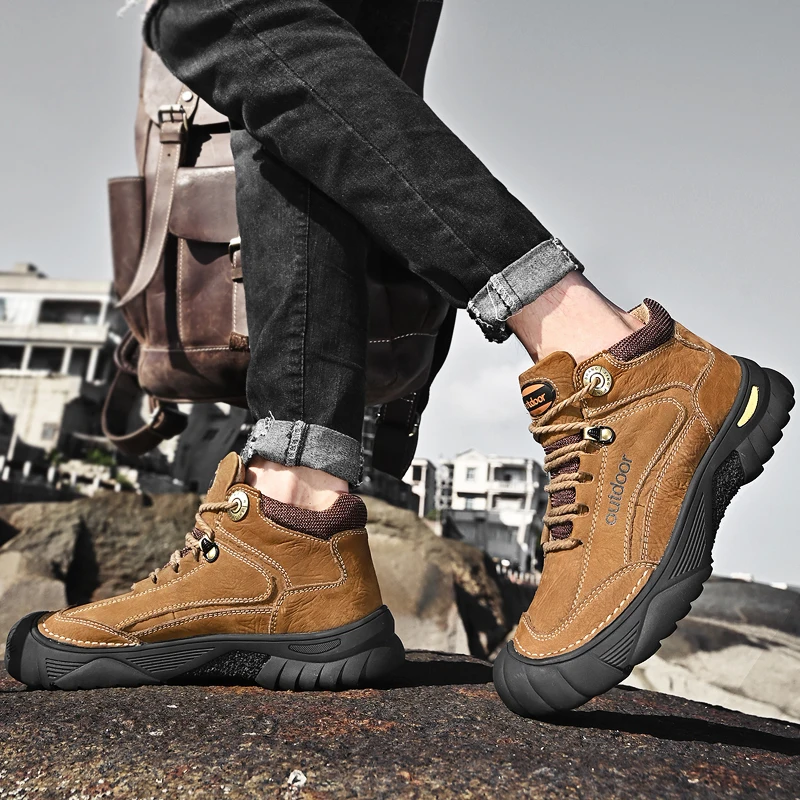 HIKEUP Men's Outdoor Hiking Shoes Cow Leather Winte Boot Waterproof Non-Slip Trekking Sneakers Durable Sports Protecting the toe
