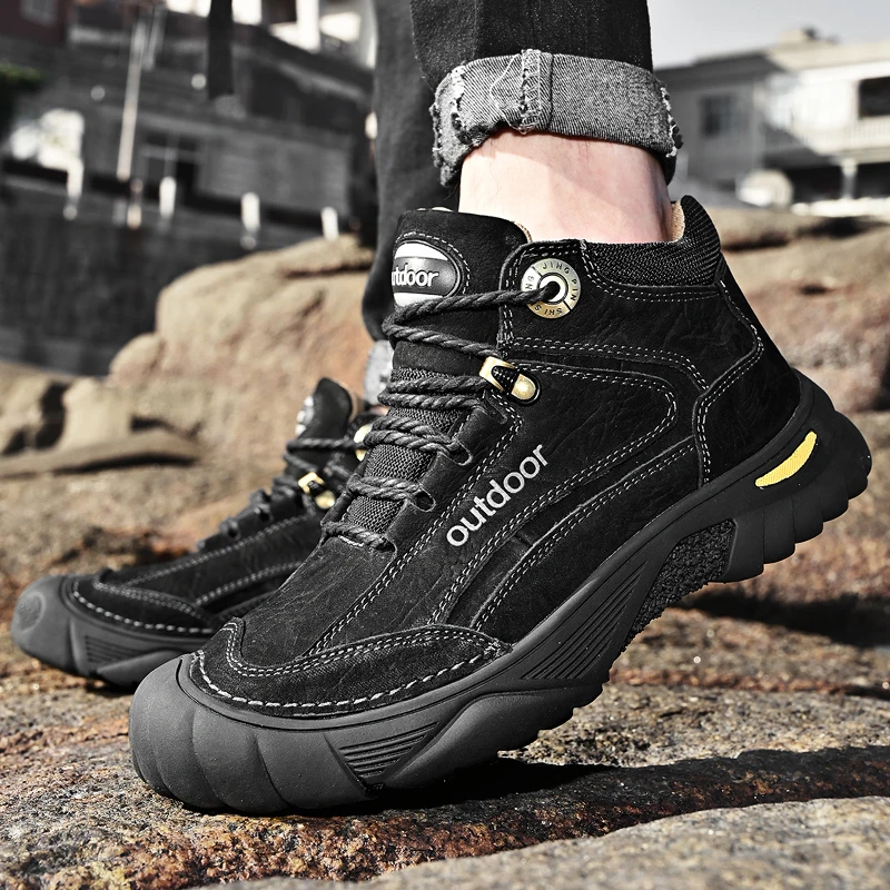 HIKEUP Men's Outdoor Hiking Shoes Cow Leather Winte Boot Waterproof Non-Slip Trekking Sneakers Durable Sports Protecting the toe
