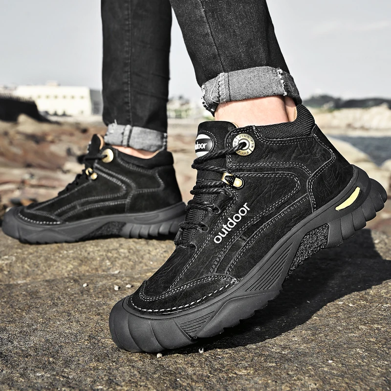 HIKEUP Men's Outdoor Hiking Shoes Cow Leather Winte Boot Waterproof Non-Slip Trekking Sneakers Durable Sports Protecting the toe
