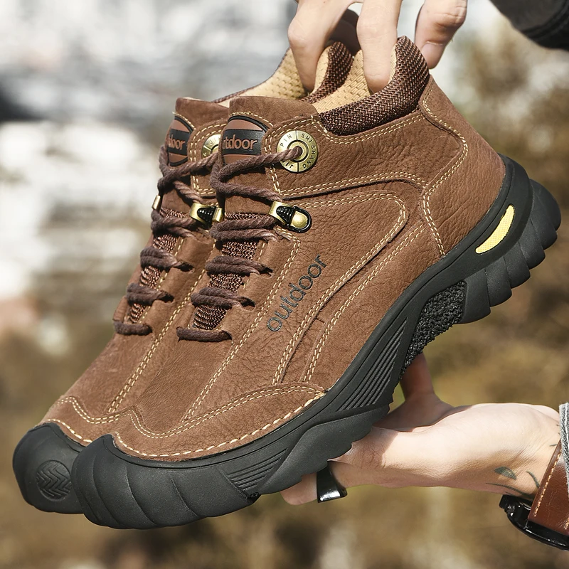 HIKEUP Men's Outdoor Hiking Shoes Cow Leather Winte Boot Waterproof Non-Slip Trekking Sneakers Durable Sports Protecting the toe