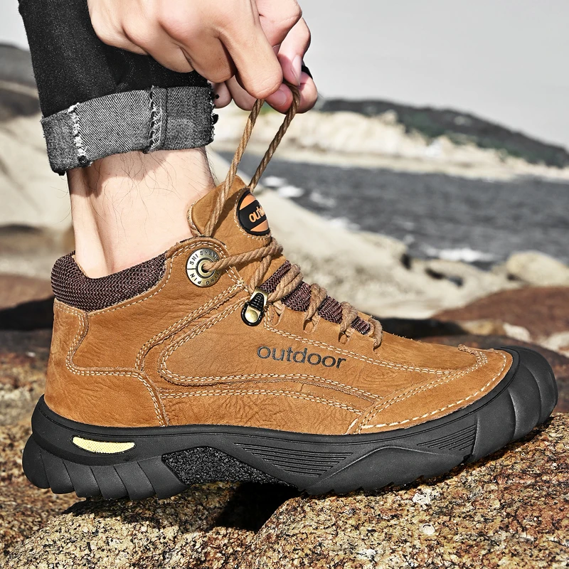 HIKEUP Men's Outdoor Hiking Shoes Cow Leather Winte Boot Waterproof Non-Slip Trekking Sneakers Durable Sports Protecting the toe