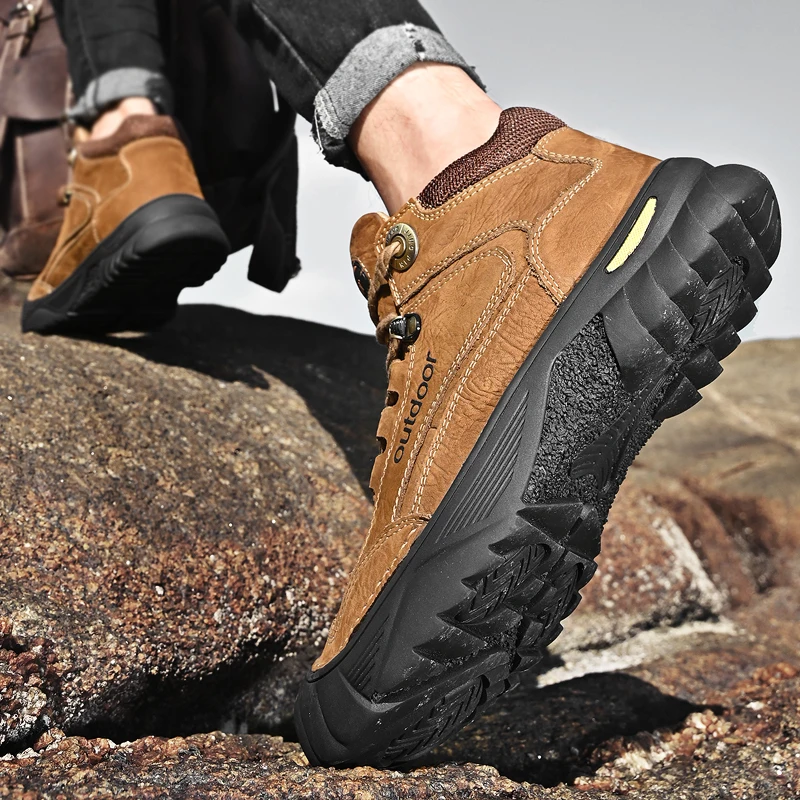 HIKEUP Men's Outdoor Hiking Shoes Cow Leather Winte Boot Waterproof Non-Slip Trekking Sneakers Durable Sports Protecting the toe